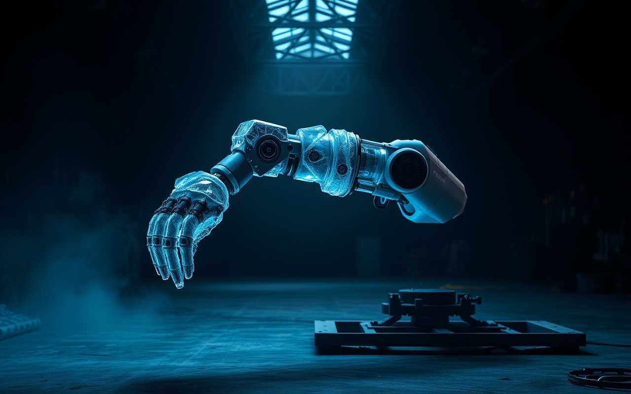 Braccio robotico di ghiaccio sospeso a mezz'aria in un capannone buio, la mano aperta sopra un basamento metallico, sotto una luce azzurra che scende dal tetto