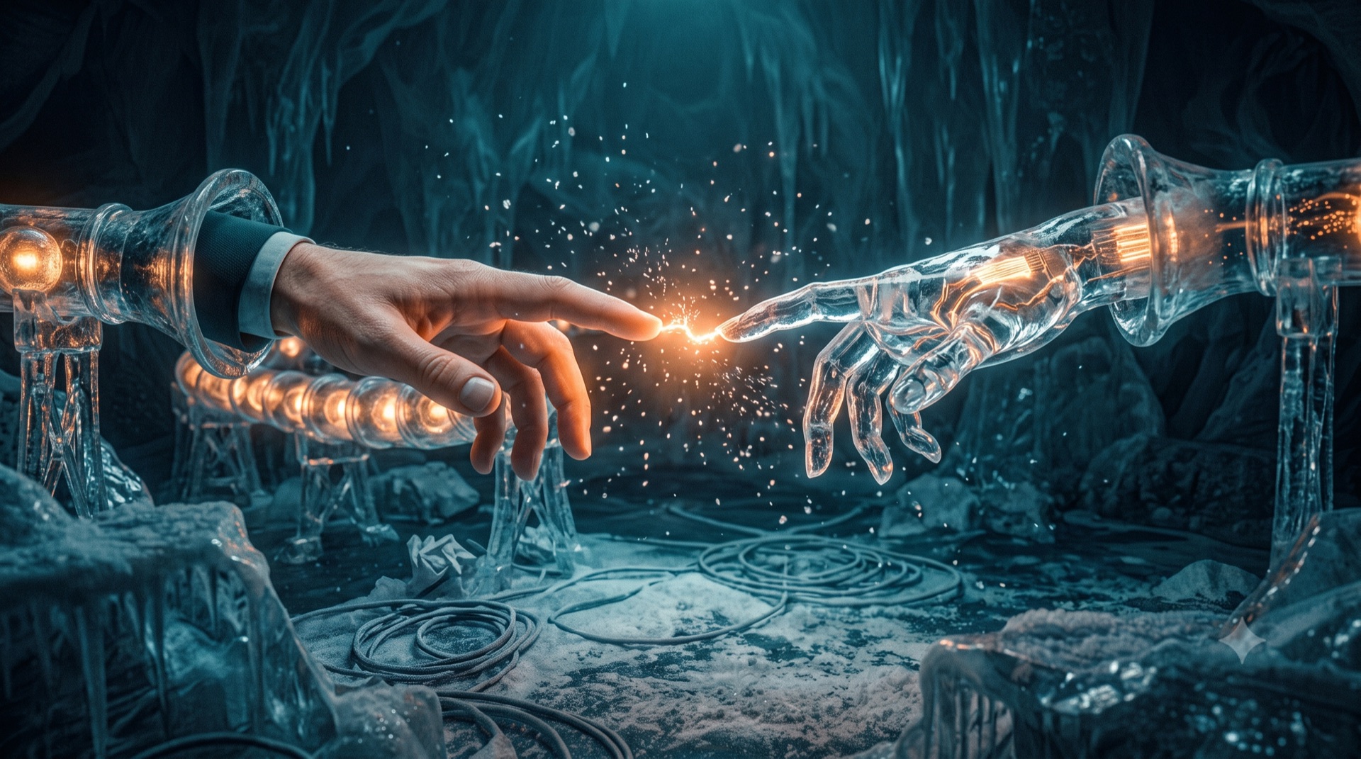 Una mano umana e una mano di ghiaccio e luce che si sfiorano con una scintilla calda