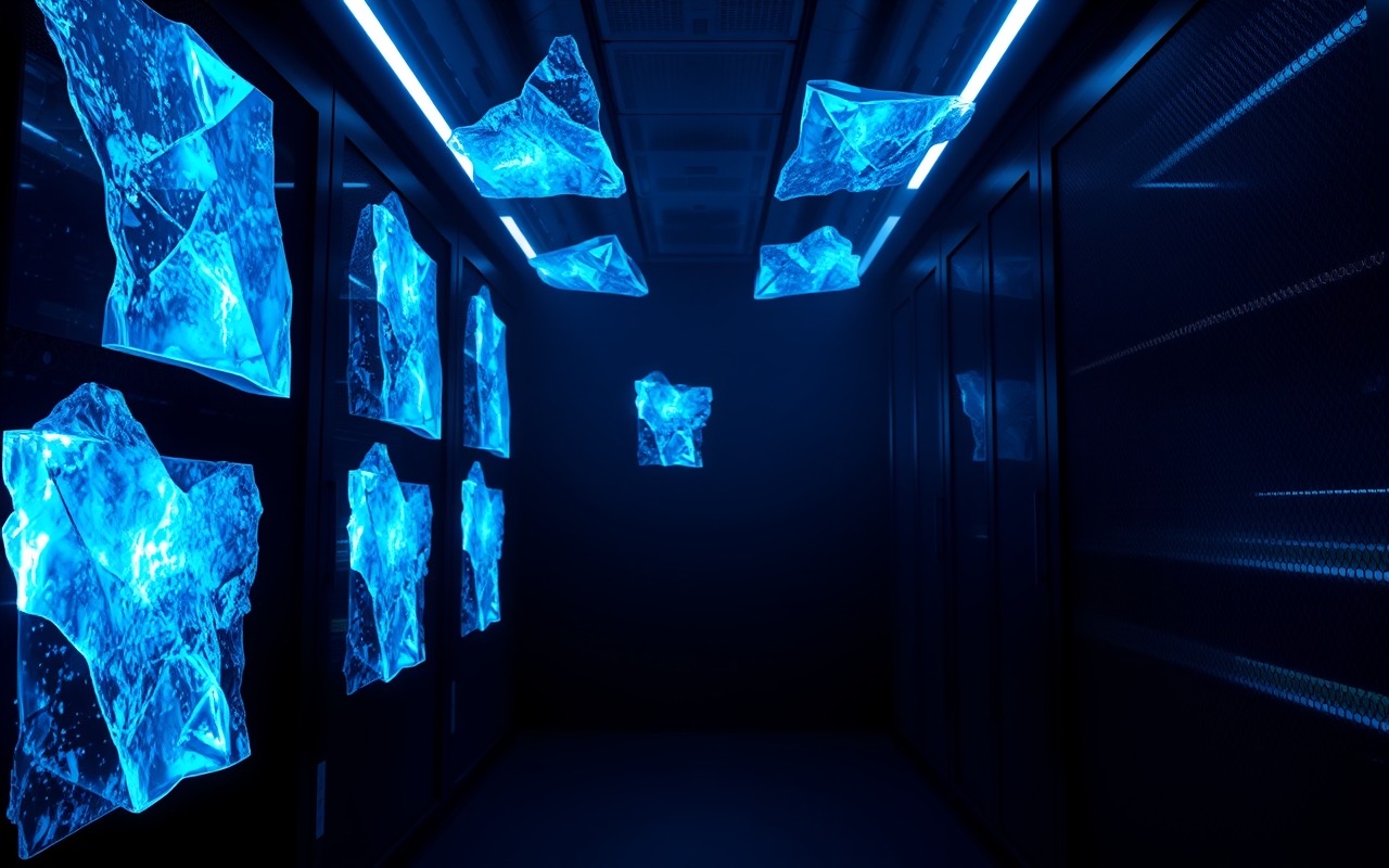 Pannelli di ghiaccio sospesi in una sala macchine buia, attraversati da luce cyan