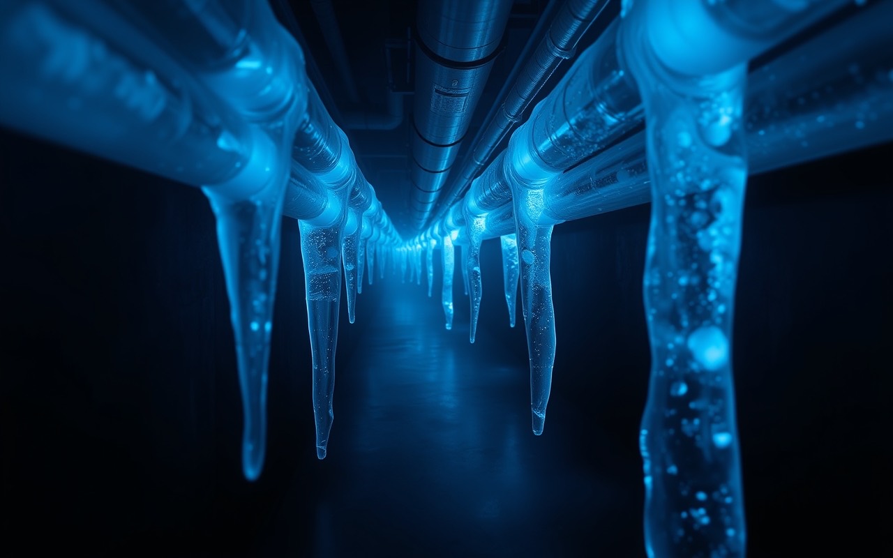 Corridoio industriale in penombra con tubature parallele coperte di ghiaccio e lunghe stalattiti azzurre che scendono in prospettiva verso una luce fredda in fondo