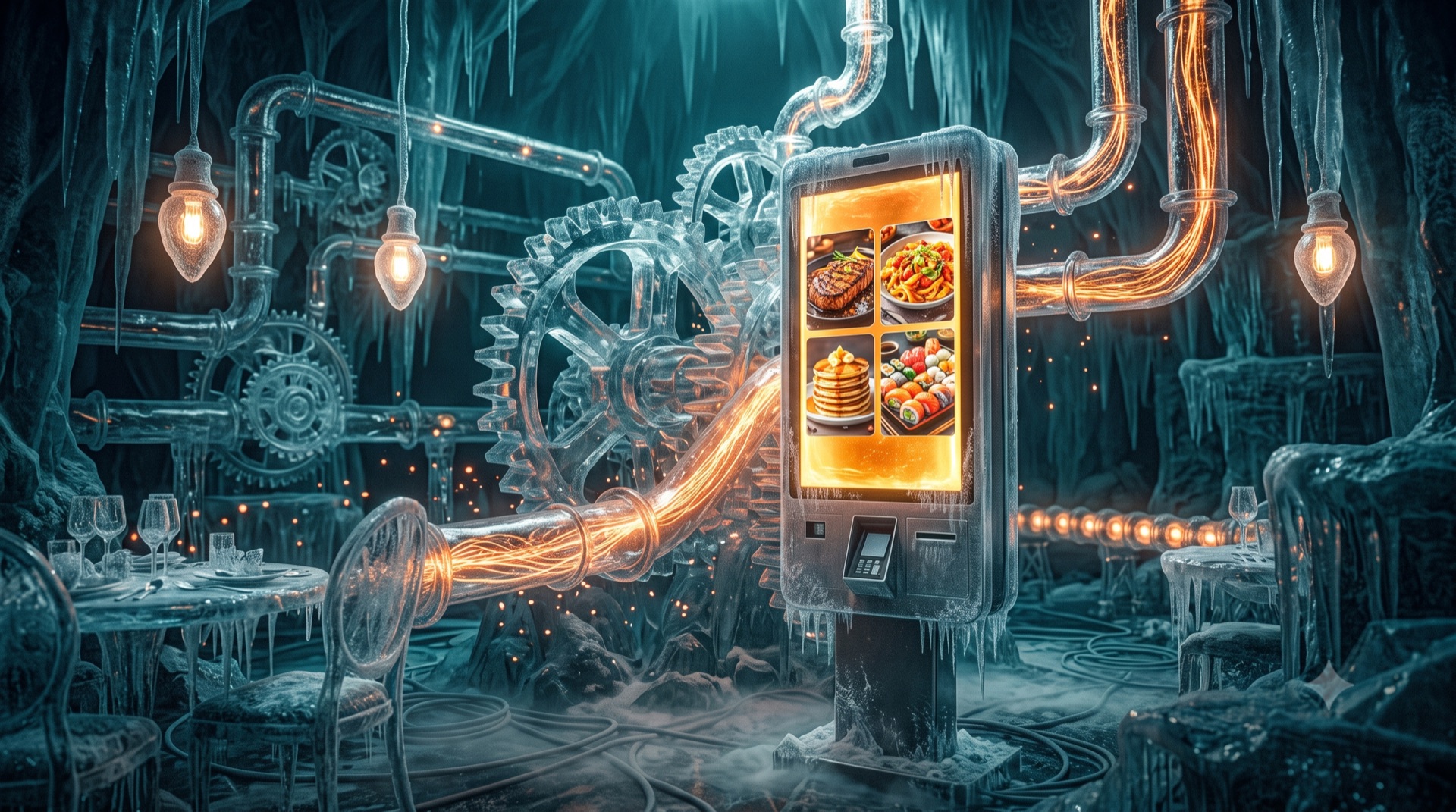 Un totem di ordinazione luminoso in un ristorante elegante e gelato