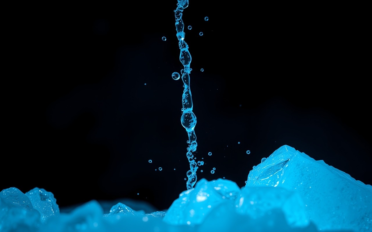 Un filo sottile d'acqua che cade su blocchi di ghiaccio azzurro illuminati, su fondo nero, con gocce sospese a mezz'aria