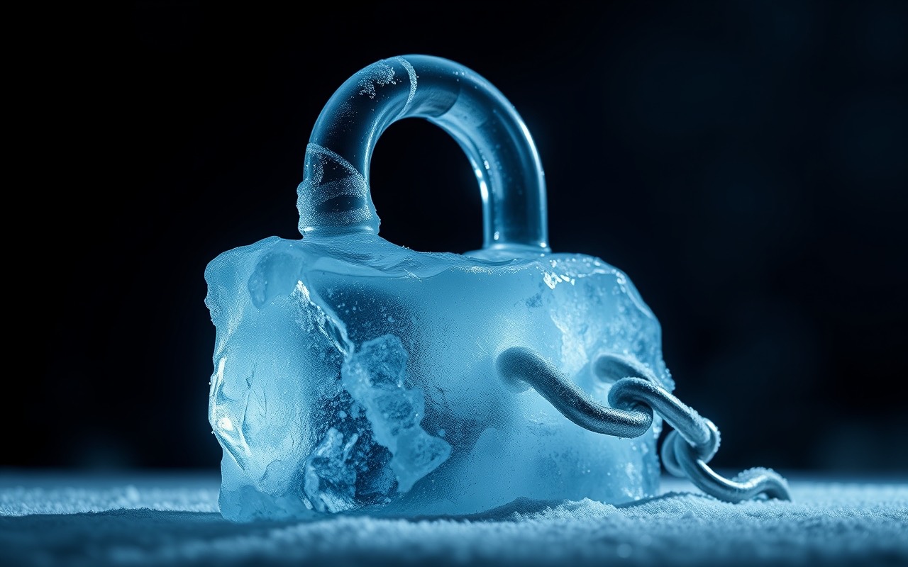 Grande lucchetto scolpito nel ghiaccio con la catena spezzata che pende di lato, appoggiato sulla neve al buio