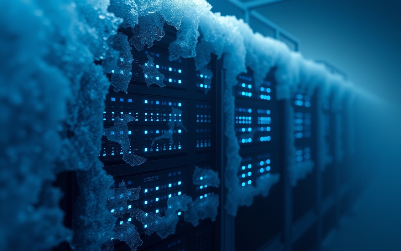 File di armadi server ripresi di lato, coperti da croste di ghiaccio e brina, con piccole spie azzurre accese dietro il gelo