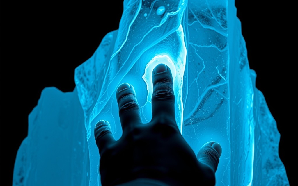 Una mano di ghiaccio trasparente che tocca uno schermo verticale luminoso scolpito nel ghiaccio, su fondo scuro