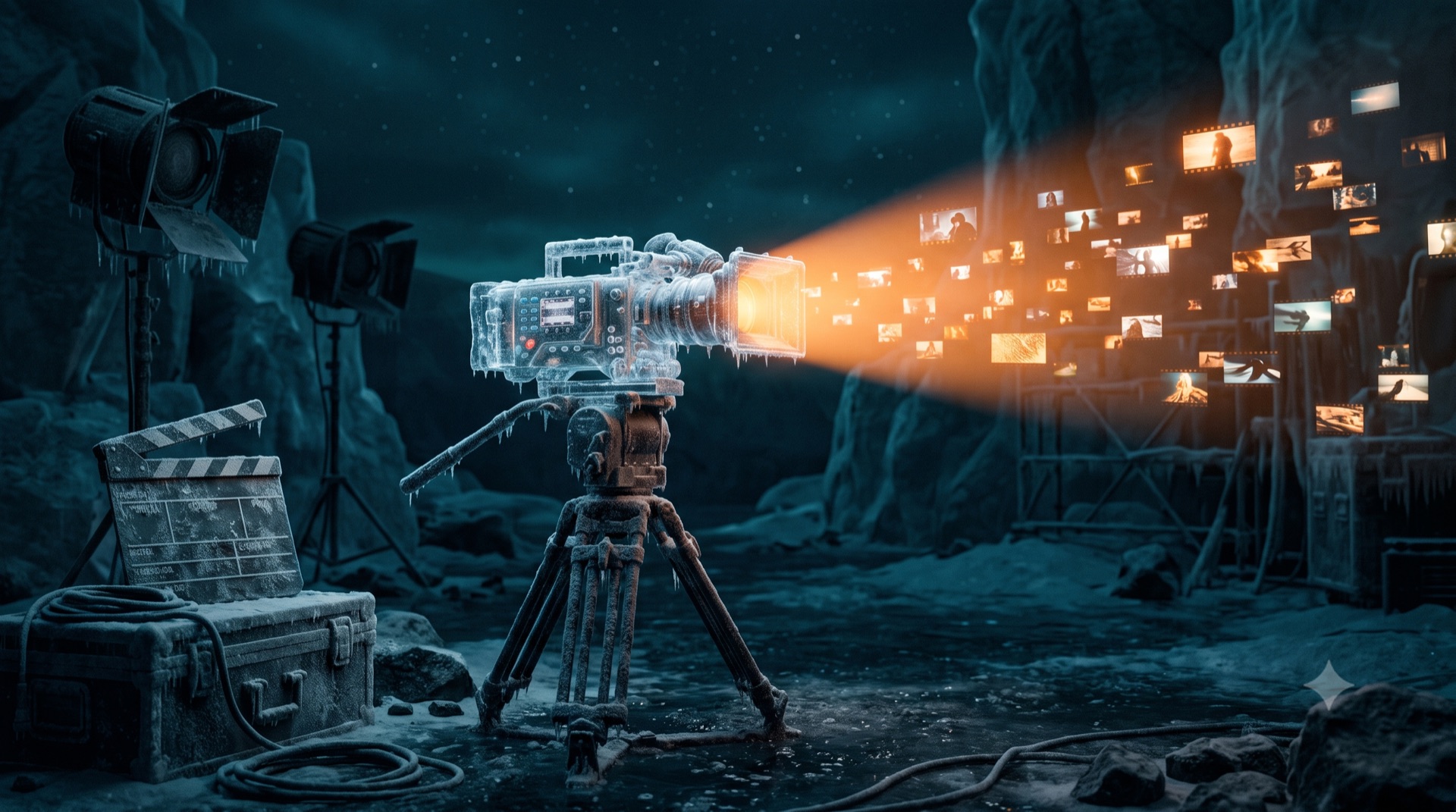 Una cinepresa di ghiaccio che proietta un fascio di luce calda pieno di fotogrammi