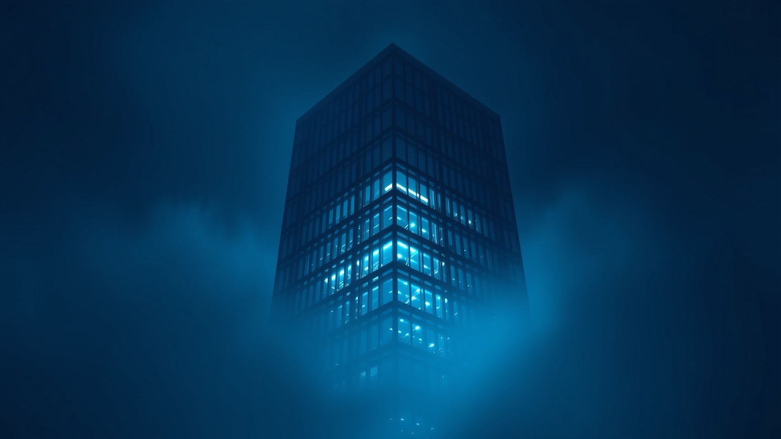 Una facciata di vetro e ghiaccio che emerge dalla nebbia, con luce cyan dentro le finestre