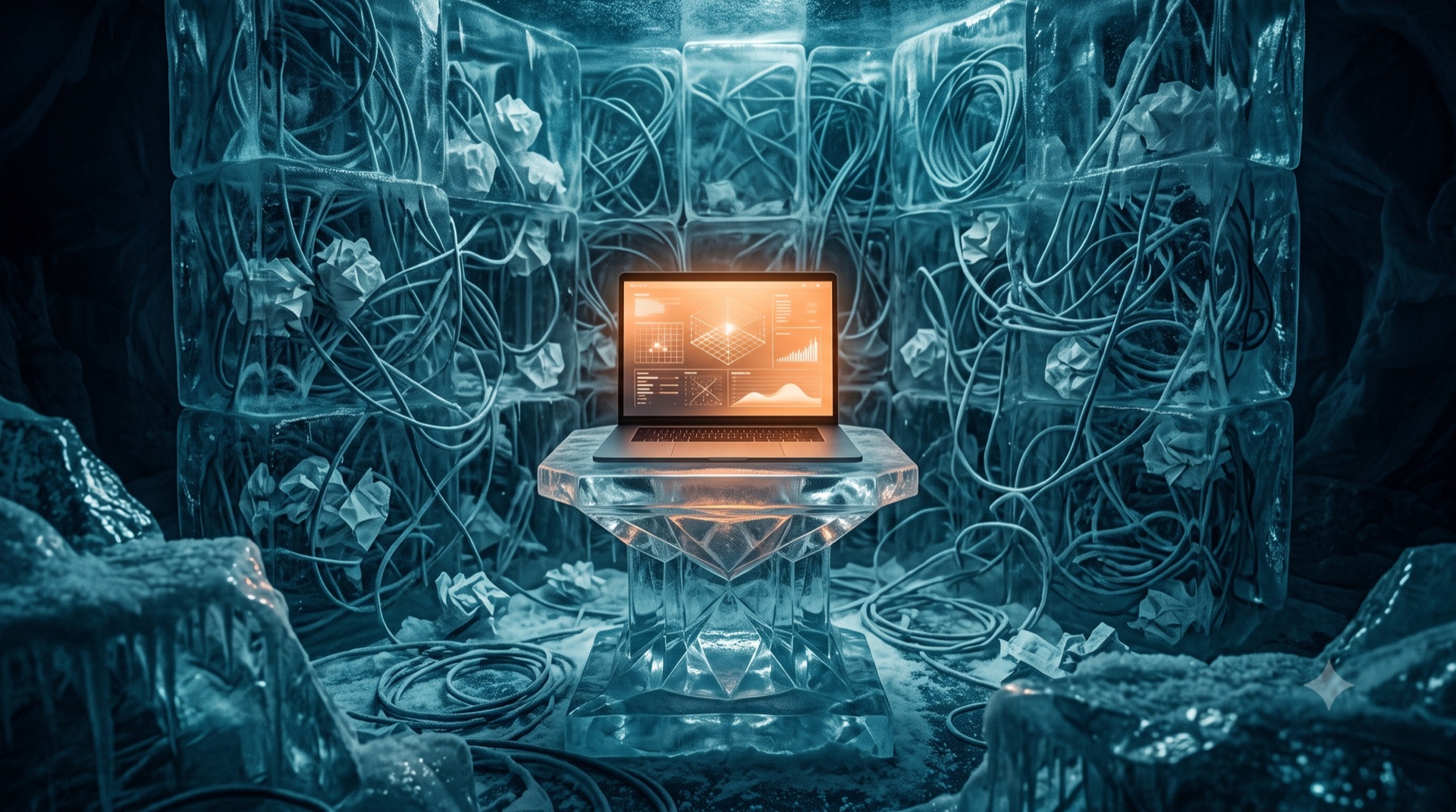 Un laptop acceso su un piedistallo di ghiaccio, intorno il caos di cavi congelati
